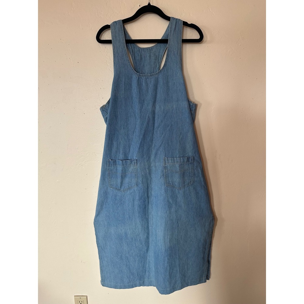 Vintage Y2K 80s Denim Jumper Dress Light Wash Racerback Midi Pockets